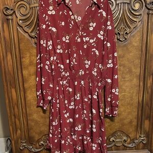 Elegant Burgundy Floral Long Sleeve Dress (R)
